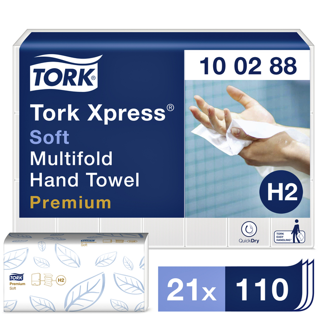 Handdoek Tork premium interfold soft 21x34cm H2 2-laags (doos à 21x110st)