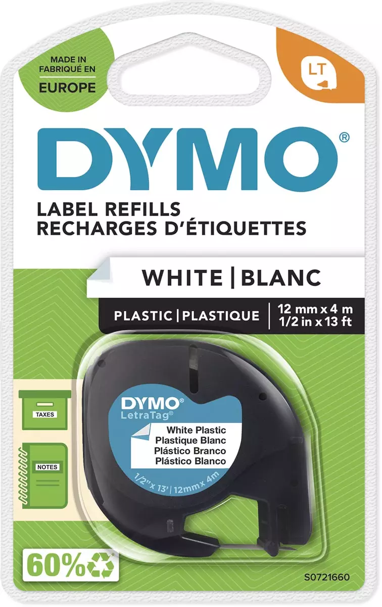 Dymo Labeltape Letratag 12mmx4m Zwart Op Wit Dymo Labeltape Letratag 12mmx4m Zwart Op Wit