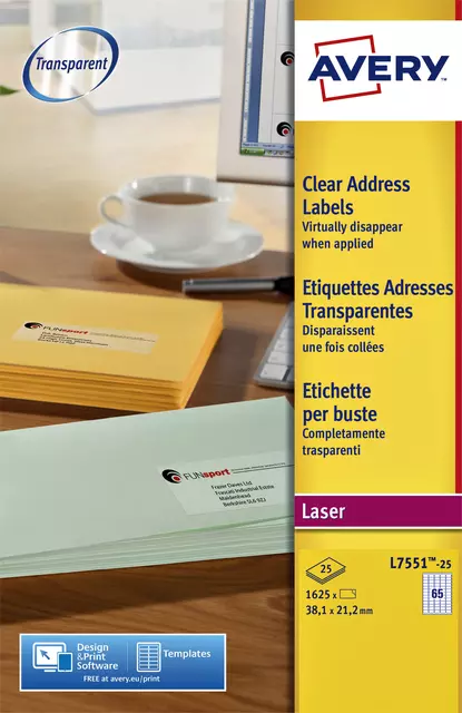 Etiket Avery L7551-25 38.1X21.1mm Transparant - 1625 Etiketten