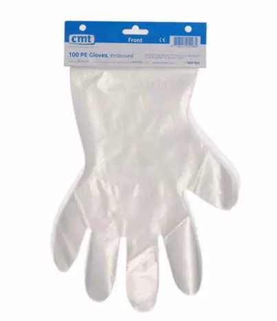 Handschoenen PE transparant geruwd 30cm 20mu op kaart