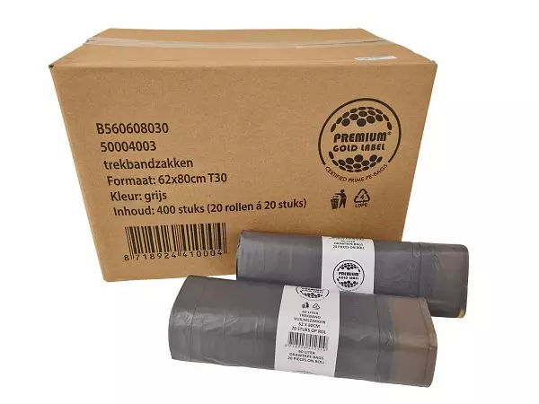 Trekbandzak LDPE 62x80cm T30 26mu Grijs