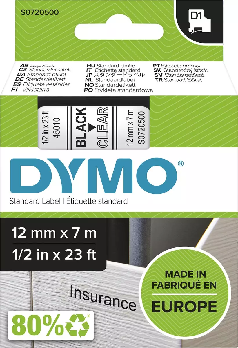Dymo Labeltape D1 12mmx7m Zwart Op Transparant