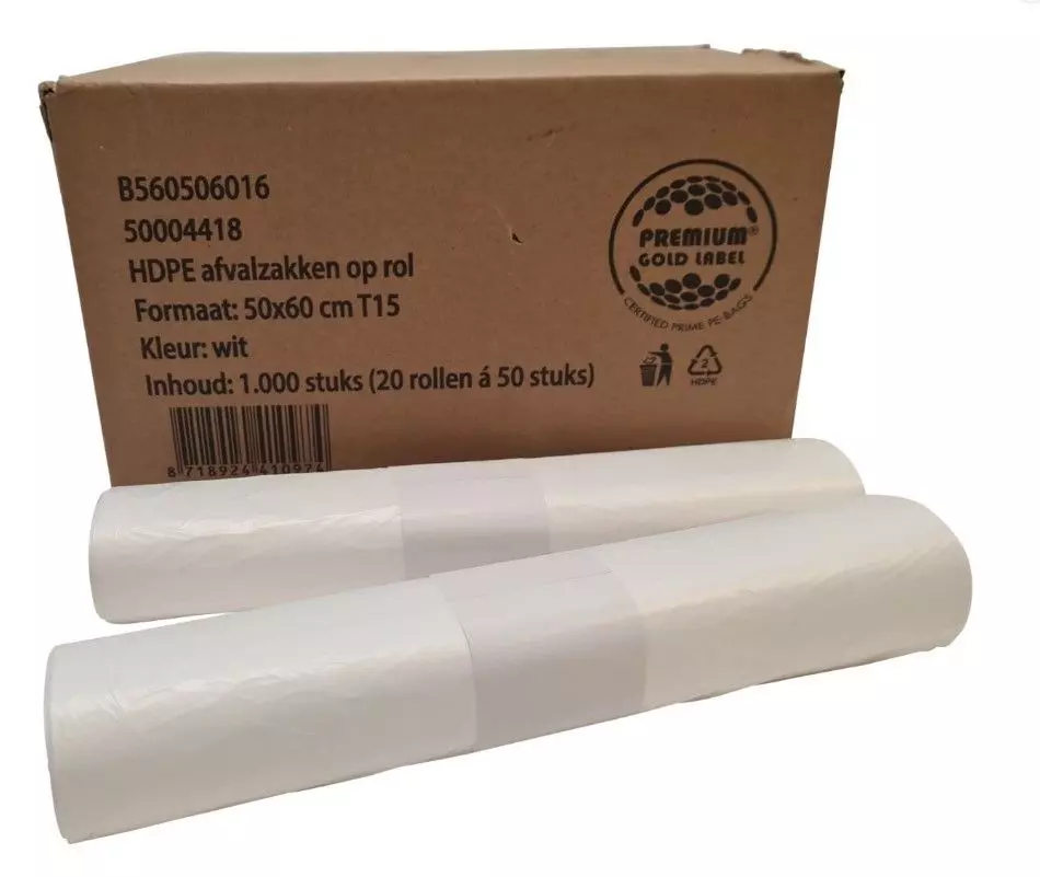 Afvalzak HDPE 50x60cm T15 10mu Wit