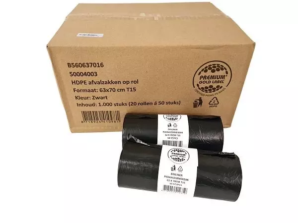 Afvalzak HDPE 63x70cm T15 10mu Zwart