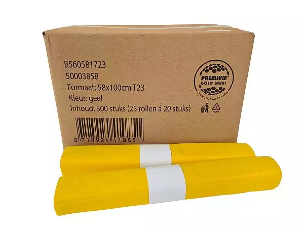 Afvalzak HDPE 58x100cm T23 17mu Geel