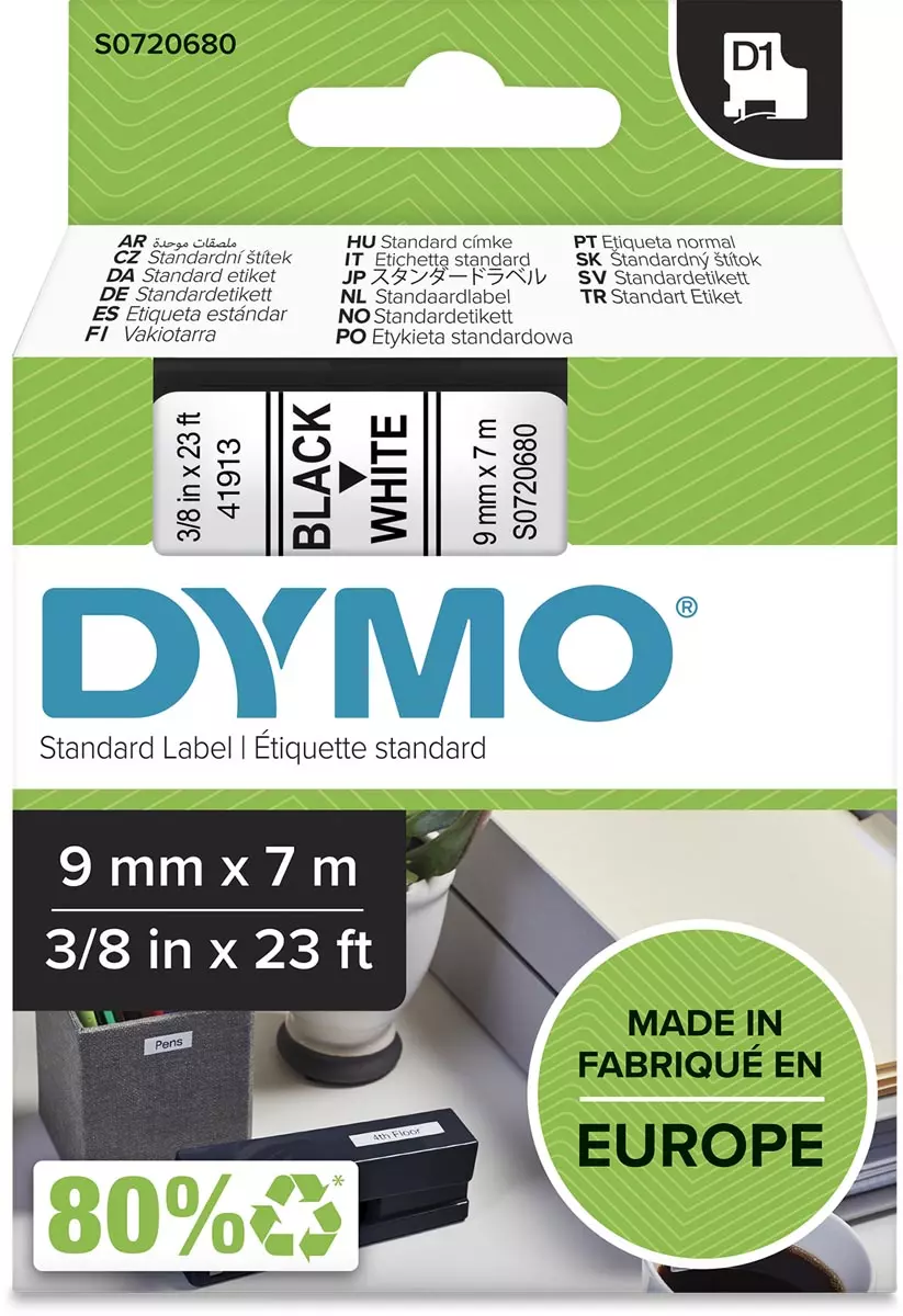 Dymo Labeltape D1 9mmx7m Wit/Zwart