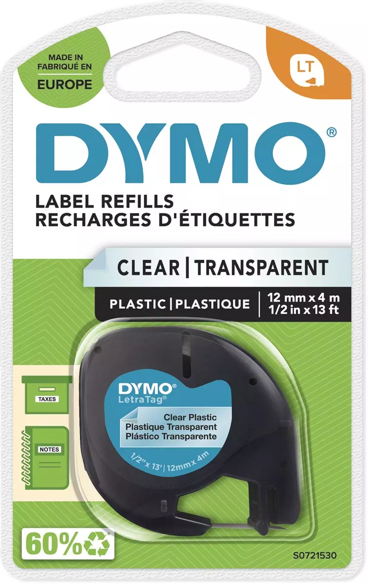 Dymo Labeltape Letratag 12mmx4m Zwart Op Transparant Dymo Labeltape Letratag 12mmx4m Zwart Op Transparant