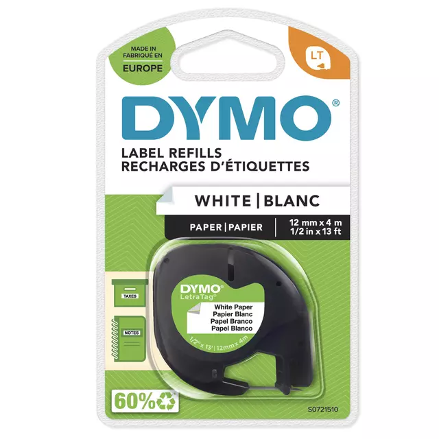 Dymo Labeltape Letratag 12mmx4m Zwart Op Wit Dymo Labeltape Letratag 12mmx4m Zwart Op Wit