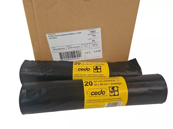 Komo afvalzak LDPE 60x80cm T55 50mu Grijs