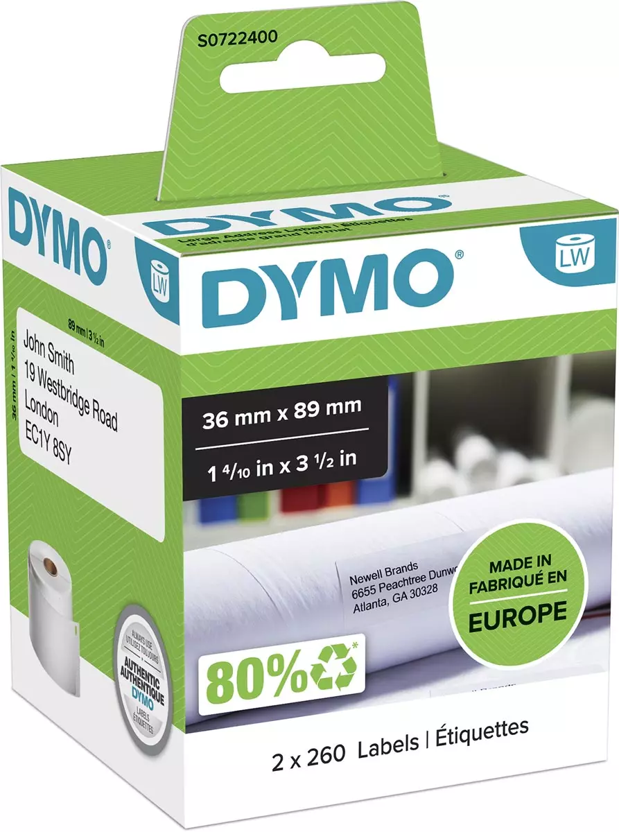 Dymo Label Etiket 89mmx36mm Wit 2x260 stuks